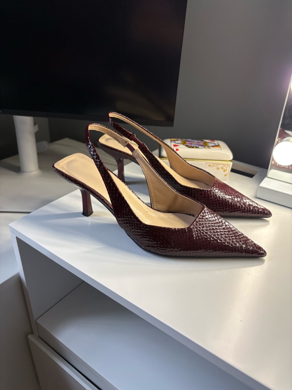 Slingback Pointed-Toe Pumps in Deep Burgundy